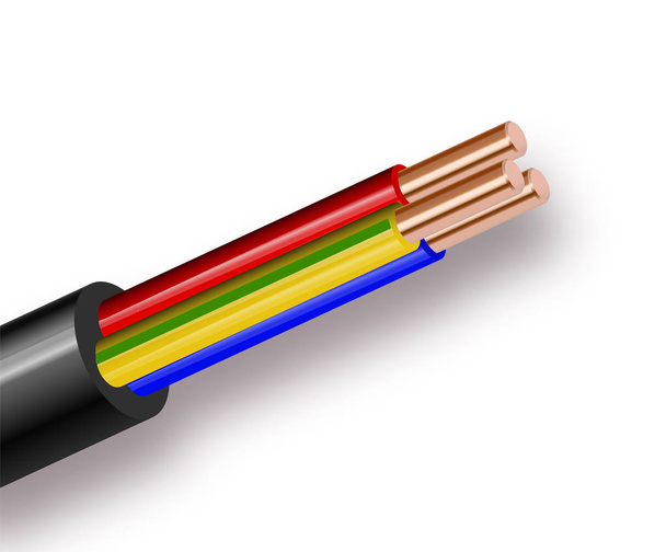 Cable eléctrico flexible de tres hilos aislado sobre fondo blanco. Cable multicore de cobre en aislamiento de color. Primer plano de la sección transversal
. - Vector, imagen