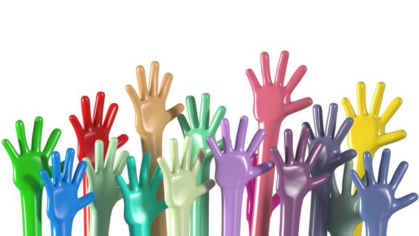  multiethnic colorful hands raised up diversity concept 3D illustration - Photo, Image