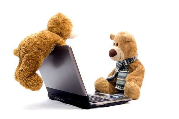 Плюшевого ведмедика і сучасні срібло ноутбук - Фото, зображення