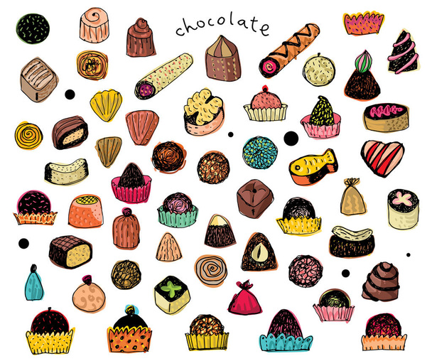 Chocolates dibujados a mano y coloreados
. - Vector, Imagen