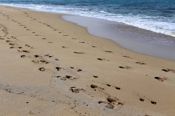 voetafdrukken in het zand aan de oever van de Middellandse Zee  - Foto, afbeelding