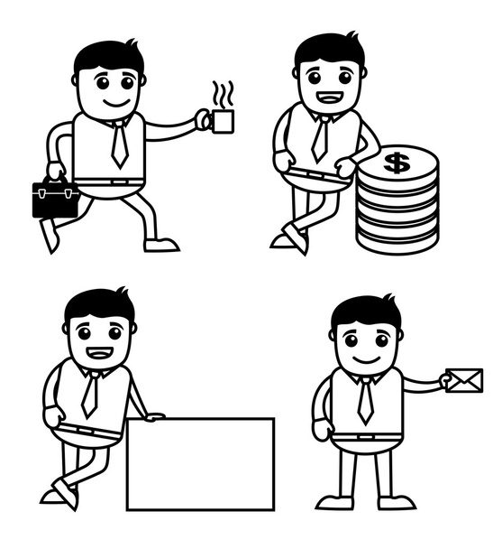 Office Worker Cartoon - Sähköposti, Valuutta, Banner ja kahvi
 - Vektori, kuva