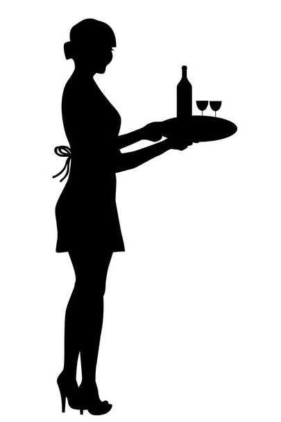 Σερβιτόρα σιλουέτα κρατώντας ένα δίσκο με ποτήρια κρασιού και ένα μπουκάλι - Διάνυσμα, εικόνα