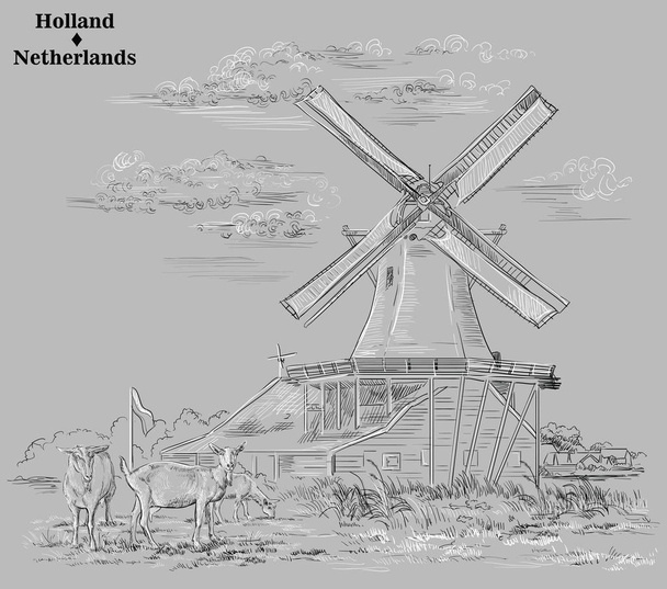 Dibujo a mano vectorial ilustración de molinos de agua en Holanda, Países Bajos. Molino de agua y cabras pastando en el prado. Dibujo vectorial ilustración de dibujo a mano en blanco y negro aislado sobre fondo gris
. - Vector, imagen