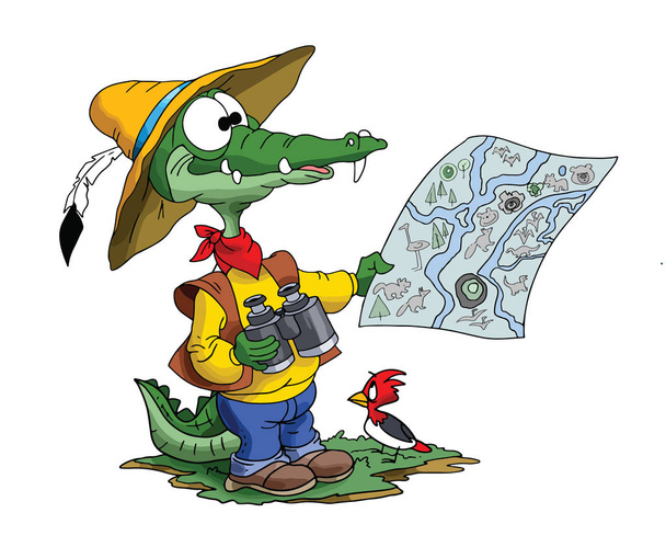 Cartoon-Abenteurer Alligator sucht seine Karte, um seine Route Vektorillustration zu finden - Vektor, Bild