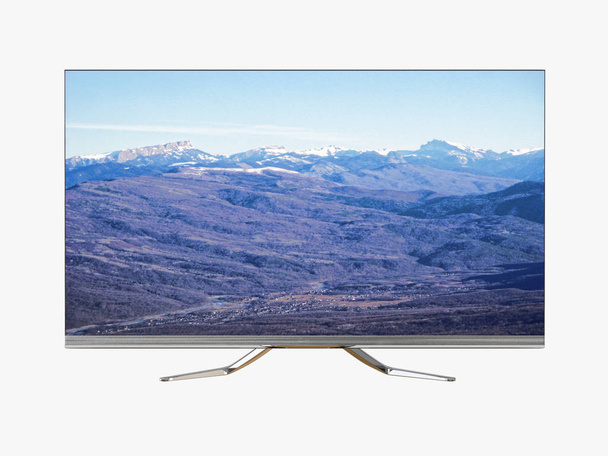 Televisión con imágenes montañas sobre un fondo blanco 3d renderizado
 - Foto, Imagen