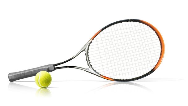 Teniszütő és labda. Elszigetelt fehér background - Fotó, kép