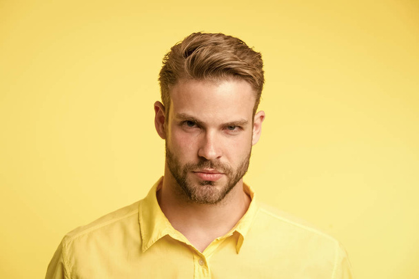 Masculinity concept. Man with beard or unshaven guy looks handsome and well groomed. Guy bearded and attractive cares about his appearance. Man with bristle on confident face, yellow background - Foto, immagini