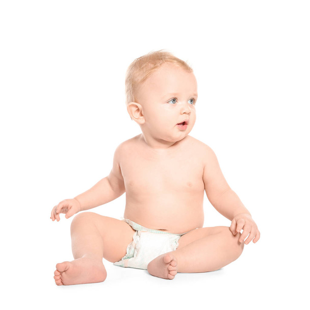Cute little baby on white background. Crawling time - Photo, Image