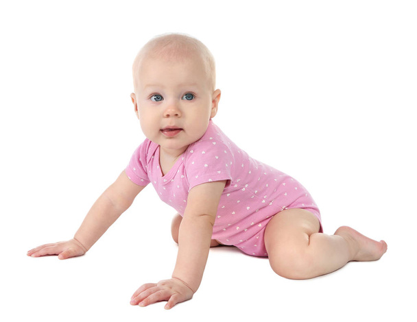 Cute little baby on white background. Crawling time - Zdjęcie, obraz