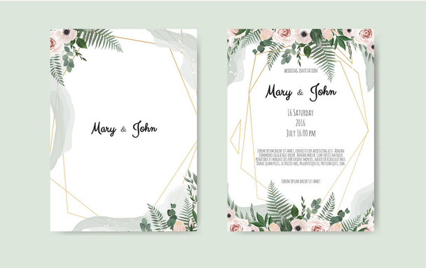 Botanical wedding invitation card template design, white and pink flowers on white background. - Vector, Image
