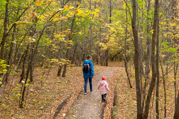 Mother and daughter are walking in the autumn forest - Photo, Image