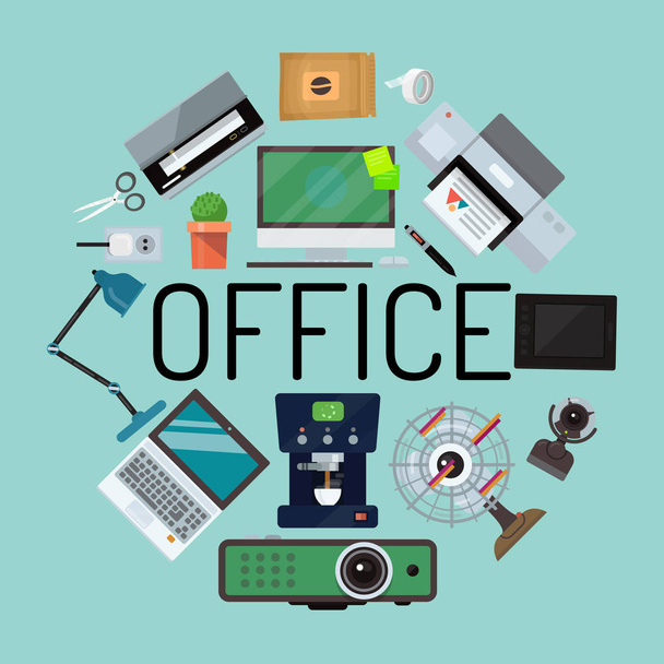 Office kavramı afiş, poster vektör çizim. Gadget'lar ve araçları ofis işleri için. Masaüstü bilgisayar, dizüstü bilgisayar, tablet, yazıcı, kahve makinesi, lamba, projektör, tarayıcı, fan, kaktüs. - Vektör, Görsel