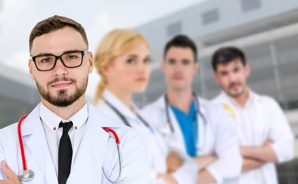 Healthcare people group. Professional doctor working in hospital office or clinic with other doctors, nurse and surgeon. Medical technology research institute and doctor staff service concept. - Fotoğraf, Görsel