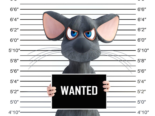 mysz kreskówki zły gospodarstwa znak Wanted, podczas gdy coraz gęby strzału w renderingu 3D. - Zdjęcie, obraz