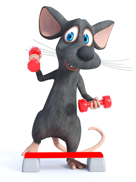 3D-рендеринг милой улыбающейся мультяшной мыши, упражняющейся с красными гантелями и шаговой доской. Белый фон
. - Фото, изображение