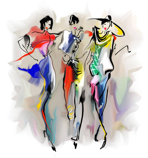 Sketch abstract. Fashion girls walk down the street. - Foto, afbeelding