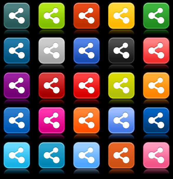 25 гладкой спутниковой паутины 2.0 кнопки со знаком акции. Цветные округлые квадратные фигуры с отражением на черном фоне. Эта векторная иллюстрация сохранена в 8 eps
 - Вектор,изображение