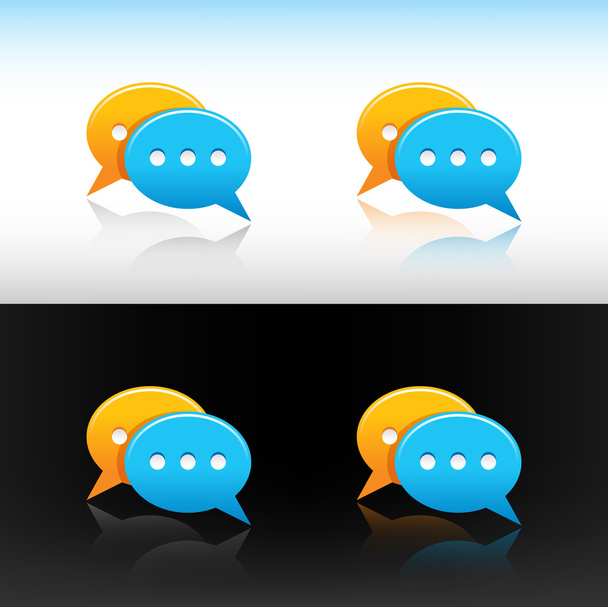 Satijn web 2.0 knop gele en blauwe spraak bubbels pictogram met vier reflecties op witte en zwarte achtergrond - Vector, afbeelding