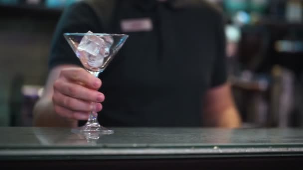 Professionele barman met glas met ijsblokjes - Video