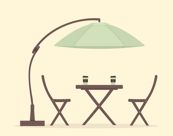 Käsite kahvi aika: puiset puutarhakalusteet tai joukko huonekaluja parvekkeelle: taitto pöytä pahvi kahvi Kupit, tuolit ja aurinkosuoja sateenvarjo. Vektoriesimerkki
 - Vektori, kuva