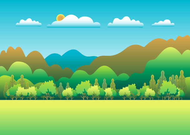 Kopce a hory krajina v ploché styl designu. Údolí na pozadí. Krásné zelené pole, louka a modrá obloha. Venkovské místo v kopci, Les, stromy, kreslené vektorové - Vektor, obrázek