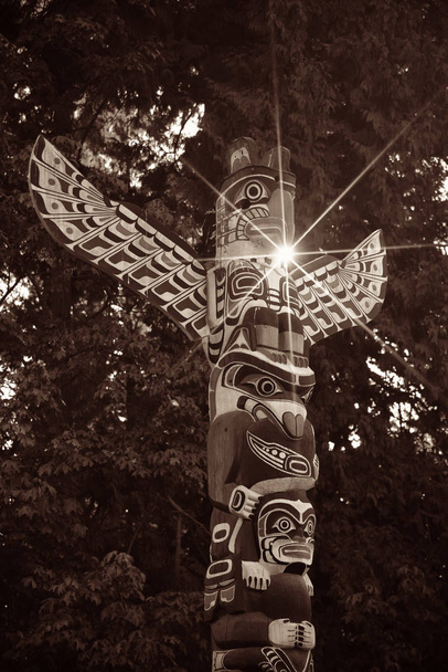 Postes tótem indio con rayos solares en Stanley park en Vancouver, Canadá
. - Foto, imagen