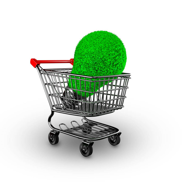 Concept of green energy, ECO and energy saving, light bulb with green grass in shopping cart, isolated on white background, 3D illustration. - Photo, image