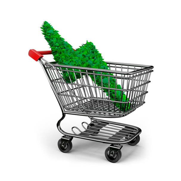 Concept of green energy supply and solution, leaves in lightning bolt shape in shopping cart, isolated on white background, 3D illustration. - Photo, image