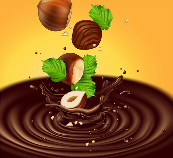 Hazelnuts with leaves fall into liquid chocolate. Splash effect 3D vector. High detailed realistic illustration - Вектор, зображення