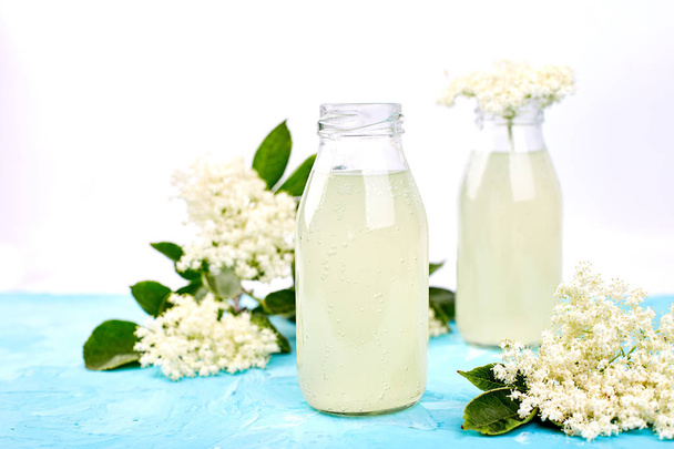 Kombucha-Tee mit Holunderblüten auf blauem Hintergrund. hausgemachtes fermentiertes Getränk. Sommer gesundes natürliches probiotisches Aroma Getränk. Kopierspac - Foto, Bild