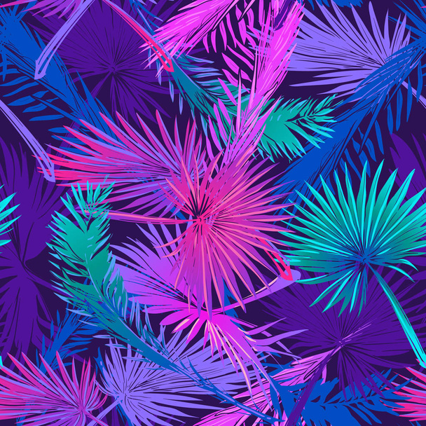 Banana and palm tree leaves on dark purple background - Vector, Image
