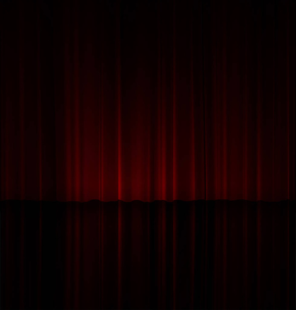 Teatterikohtaus. Hieman korostettu punainen verho heijastuu lattiaan. 3D-vektori. Korkea yksityiskohtainen realistinen kuva
 - Vektori, kuva