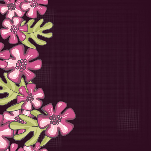 wild tropical exotic pink flowers and green leaves on dark purple patterned background floral seamless vertical border - Vector, Image