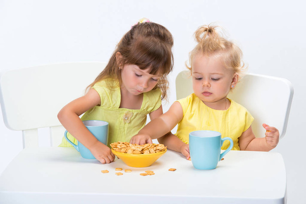 Two cute little girls sisters eating cereal flakes and drinking a cup of milk or tea at the table isolated on white background. - Φωτογραφία, εικόνα