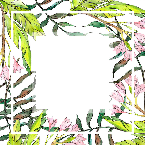 Roze exotische tropische Hawaiiaanse bloem. Aquarel achtergrond afbeelding instellen. Frame grens ornament vierkant. - Foto, afbeelding