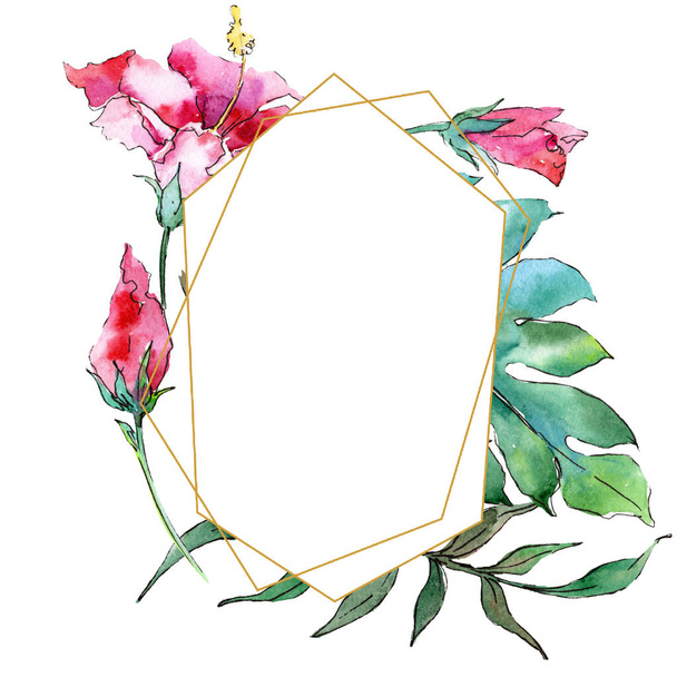 Ροζ εξωτικά τροπικά λουλούδι της Χαβάης. Ακουαρέλα φόντο εικόνα σύνολο. Πλαίσιο συνόρων στολίδι τετράγωνο. - Φωτογραφία, εικόνα