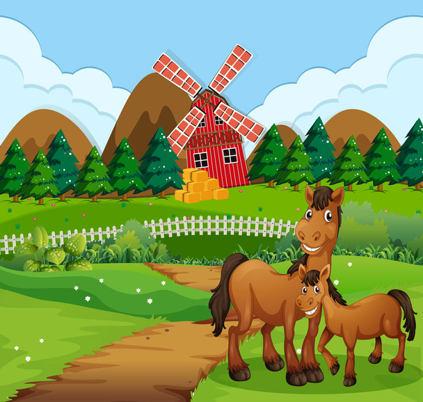 Caballo en la granja paisaje ilustración
 - Vector, imagen