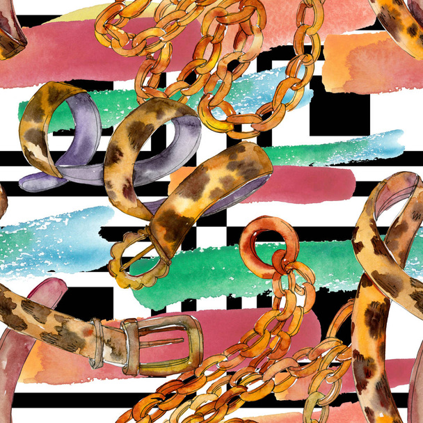 Leather and golden chain belts fashion glamour illustration in a watercolor style. Seamless background pattern. - Фото, зображення