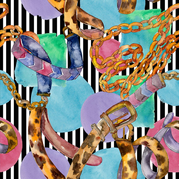 Leather and golden chain belts fashion glamour illustration in a watercolor style. Seamless background pattern. - 写真・画像