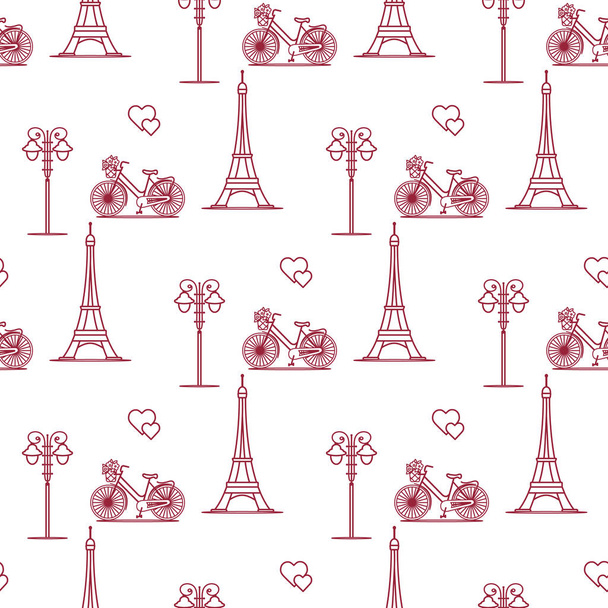 Seamless pattern with famous tower, bicycle, lantern, hearts. Travel and leisure. Valentine's Day. Romantic background. - Vector, Image