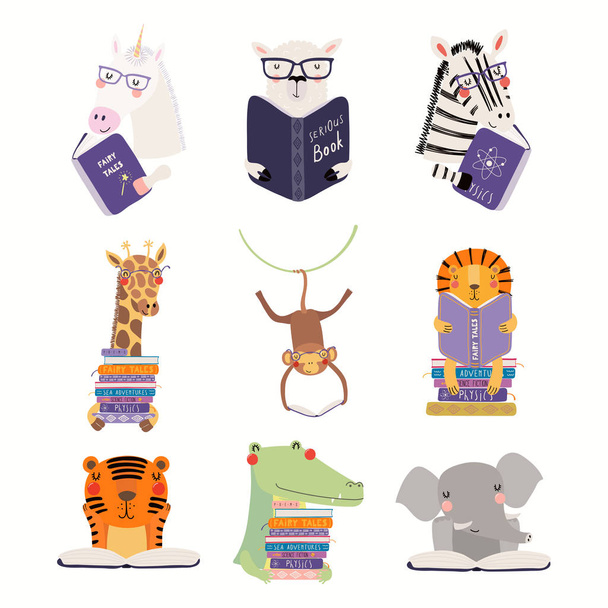 Big set with cute animals reading books isolated on white background. Scandinavian style flat design. Concept for kids print - Vector, Image