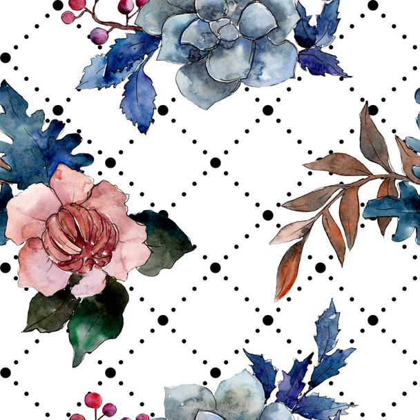 Peony and succulent bouquet floral flower. Watercolor background illustration set. Seamless background pattern. - Photo, image