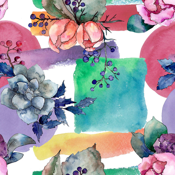 Peony and succulent bouquet floral flower. Watercolor background illustration set. Seamless background pattern. - Foto, imagen