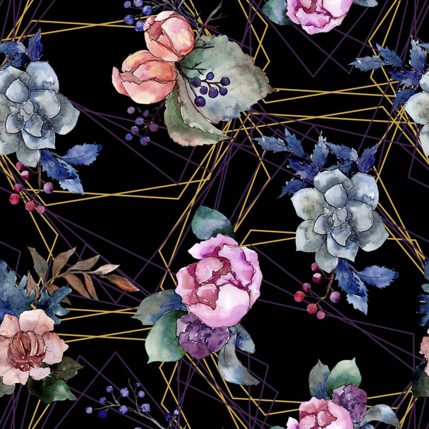 Pfingstrose und saftige Bouquet florale Blume. Aquarell Hintergrundillustration Set. nahtloses Hintergrundmuster. - Foto, Bild