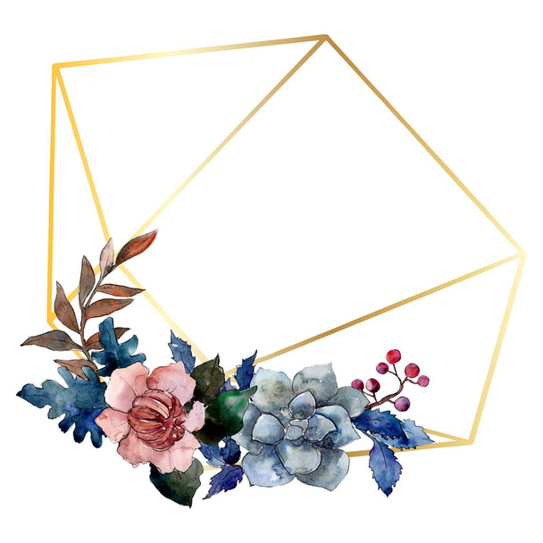 Peony and succulent bouquet floral flower. Watercolor background illustration set. Frame border ornament square. - 写真・画像