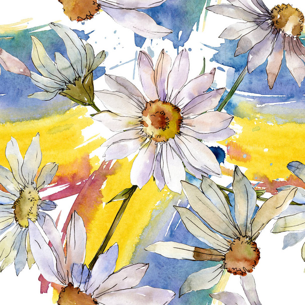 White daisy floral botanical flower. Watercolor background illustration set. Seamless background pattern. - Fotoğraf, Görsel