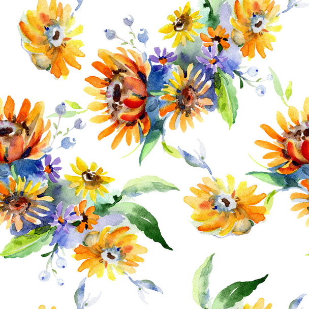 Bouquets floral botanical flower. Watercolor illustration set. Seamless background pattern. - Foto, afbeelding