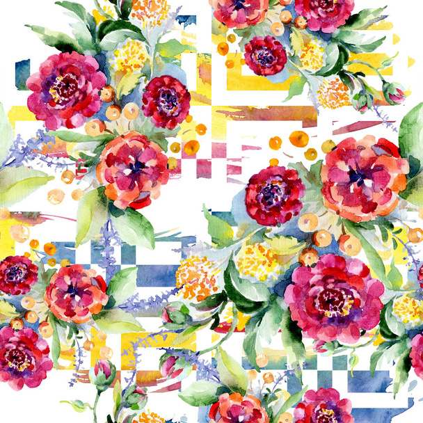 Csokorkészítés virág botanikai virág. Akvarell illusztráció készlet. Varratmentes háttérben minta. - Fotó, kép