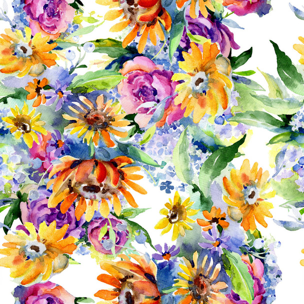 Bouquets floral botanical flower. Watercolor illustration set. Seamless background pattern. - 写真・画像